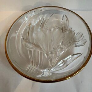 Vintage Mikasa raised Iris flower 3D frosted with gold trim glass dish